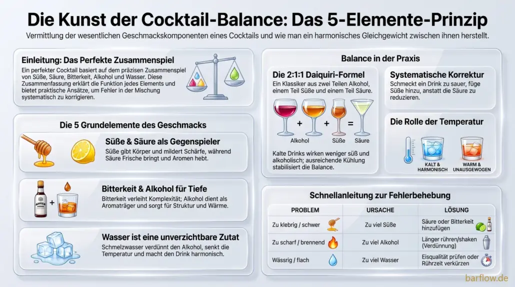 Das 5-Elemente-Prinzip der Cocktail-Balance: Süße, Säure, Bitterkeit, Alkohol und Wasser im Gleichgewicht, erklärt an der Daiquiri-Formel 2:1:1.