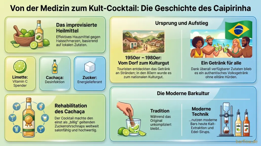Geschichte des Caipirinha: vom Hausmittel aus Limette, Cachaça und Zucker zum brasilianischen Nationalcocktail.