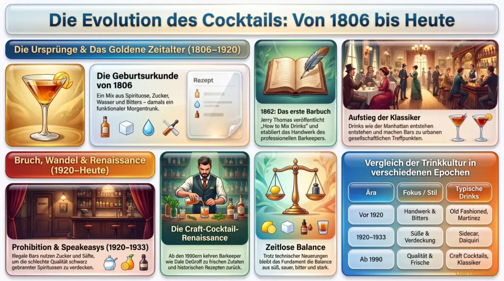 Zeitstrahl der Cocktailgeschichte von der Definition 1806 über Jerry Thomas und die Prohibition bis zur Craft-Cocktail-Renaissance.