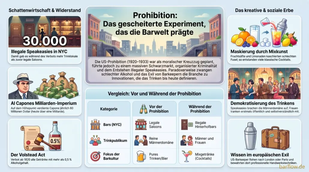 Die US-Prohibition 1920 bis 1933: Speakeasys, Schwarzmarkt und Mixkunst, die schlechten Schnaps mit Saft und Zucker überdeckte.