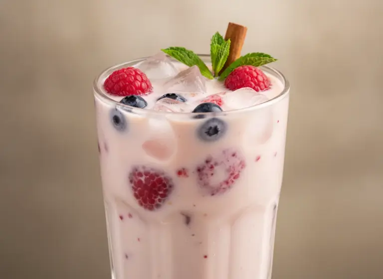 Hafermilch Drink mit Beeren & Vanille im Glas