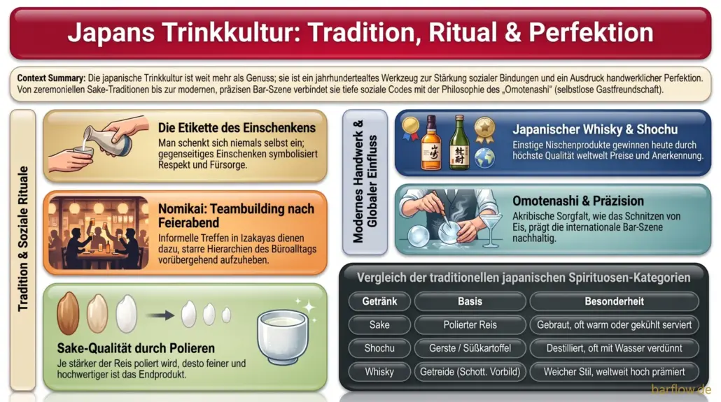 Japans Trinkkultur: Einschenketikette, Nomikai, Sake-Politur sowie Shochu und Whisky neben der Omotenashi-Präzision hinter der Bar.