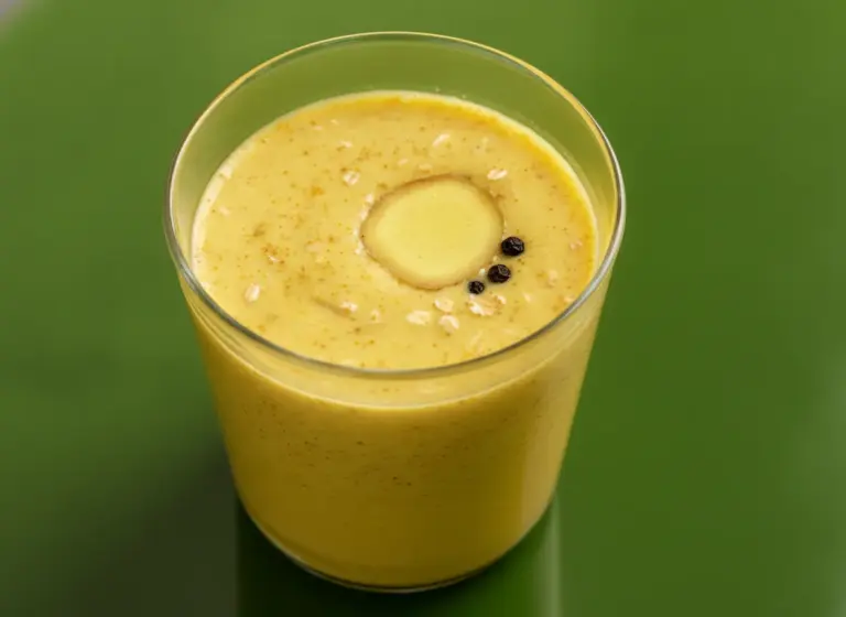 Kurkuma-Ingwer-Kokos-Haferdrink im Glas