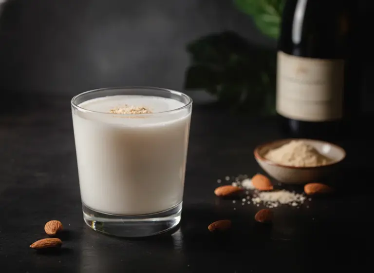 Mandel-Milch mit Reiswein (Xingren-Huangjiu-Drink) im Glas