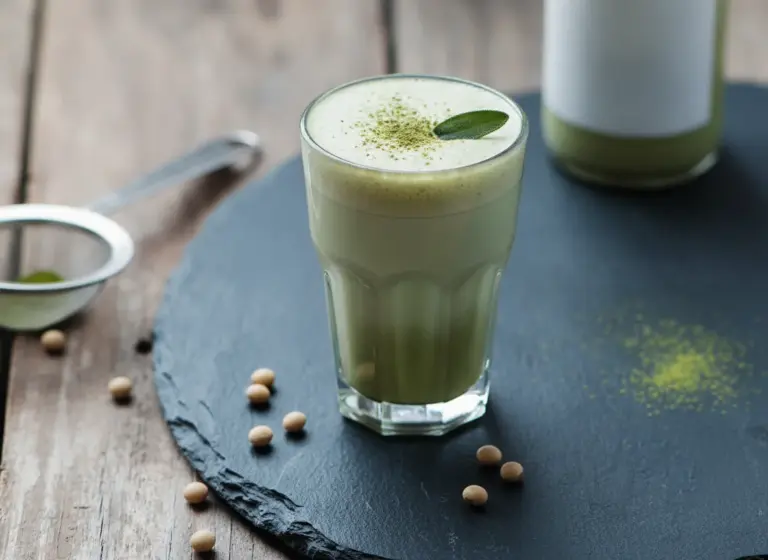 Matcha-Latte-Sojadrink im Glas