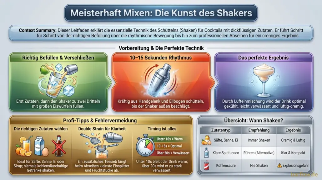 Shaken in drei Schritten: Zutaten und Eis einfüllen, 10 bis 15 Sekunden kräftig schütteln, cremig-kühl abseihen.