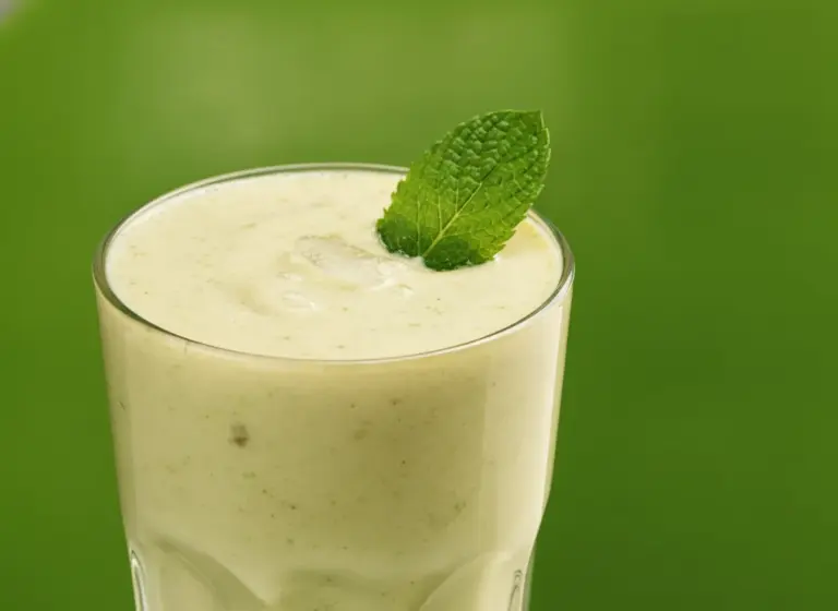 Smoothie mit Banane, Ananas, Minze, Zitrone & Hafermilch im Glas