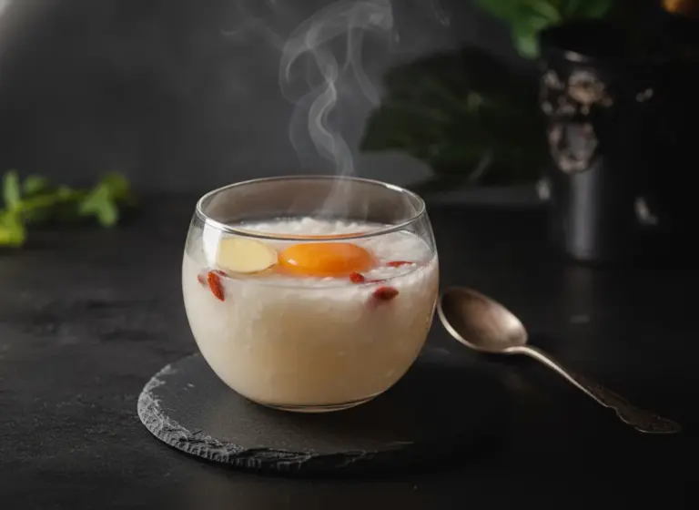 Süßer Reiswein mit Ei & Ingwer (Jiu Niang Dan-inspiriert, warm) im Glas